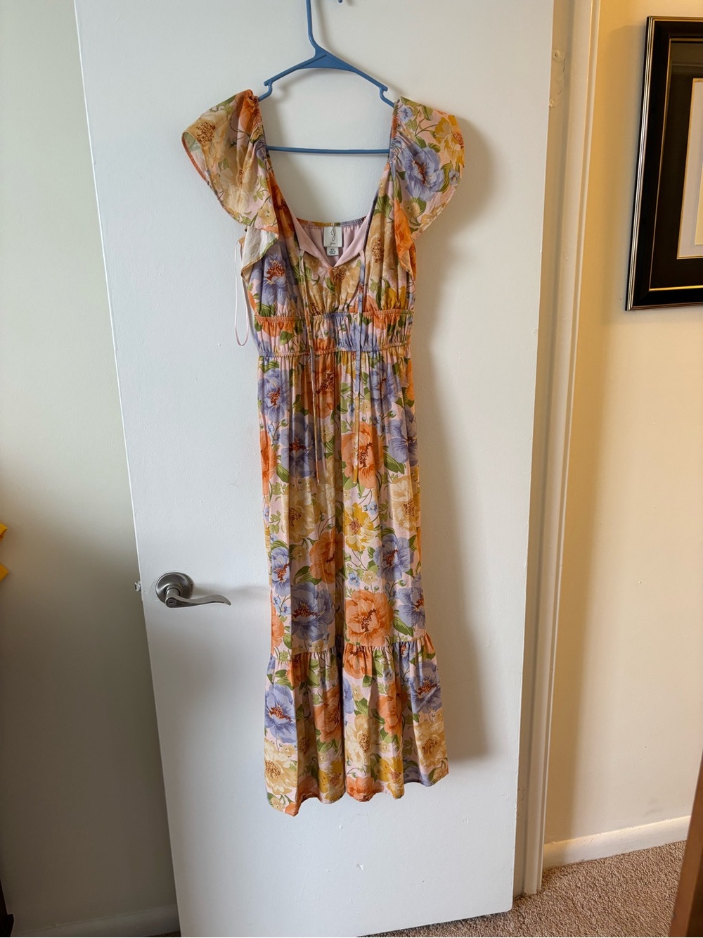 Joie Floral Tiered Maxi Dress in Cream with Orange & Lavender Blooms